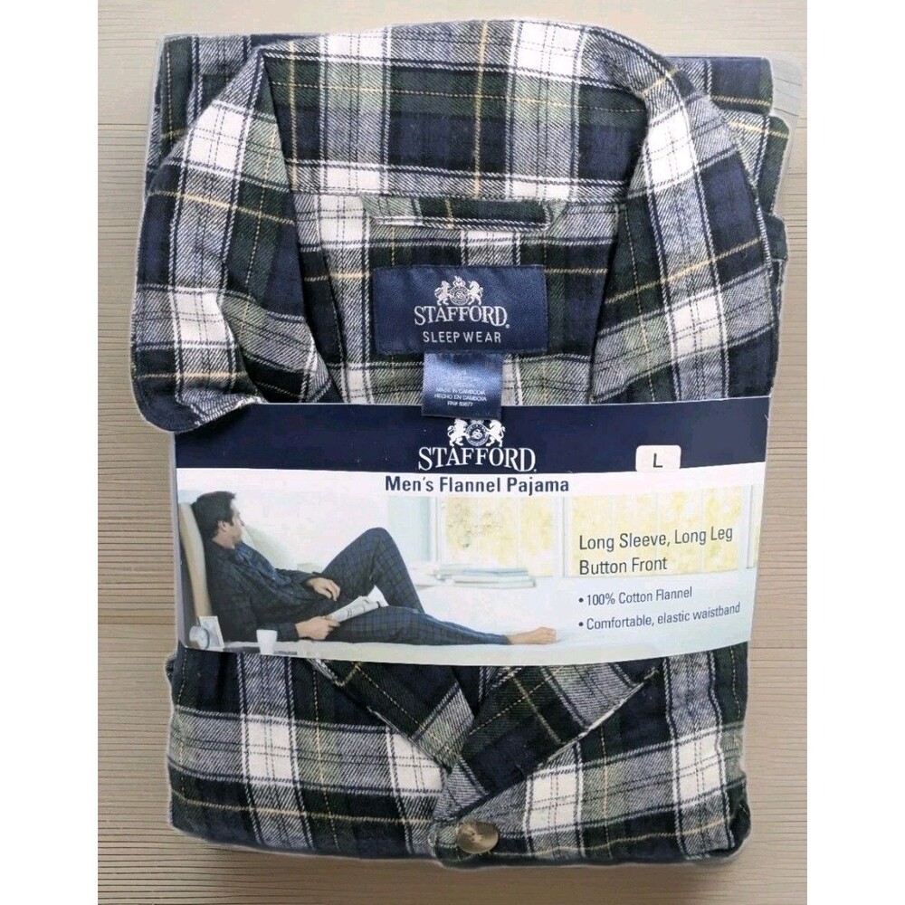 Stafford Mens Flannel Pajama Set Sz Large - Long Sleeve Long Leg 100% Cotton